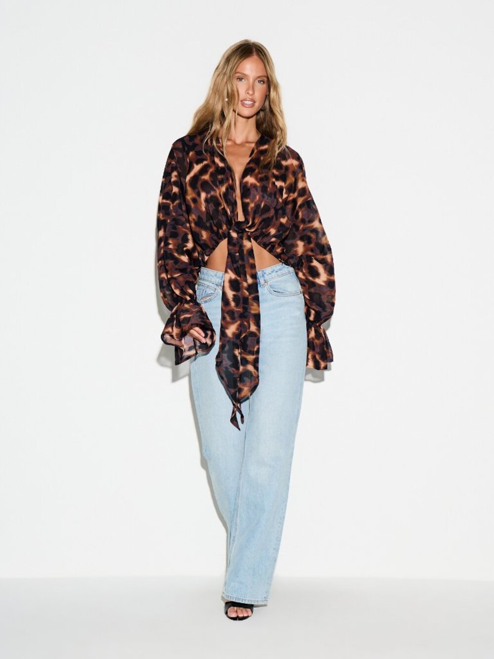 Brown Boho Regular Fit Women's Leopard Print Deep V Flare Crop Blouse Top - Picture 3 of 5